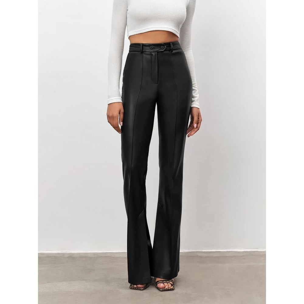 Commense High Waisted Leather Straight Leg Flare‎ Pants Black Trouser size S